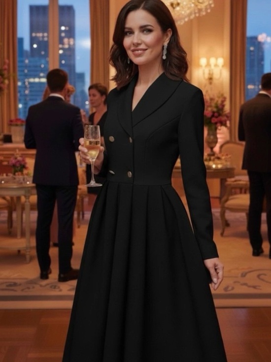 Aleeza Paris Dresses & Skirts - Elegant Black Double-Breasted Fit & Flare Long Sleeve Dress